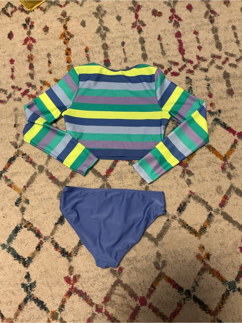 Girls Blue Multi-Stripe Long Sleeve Rashguard Bikini Set